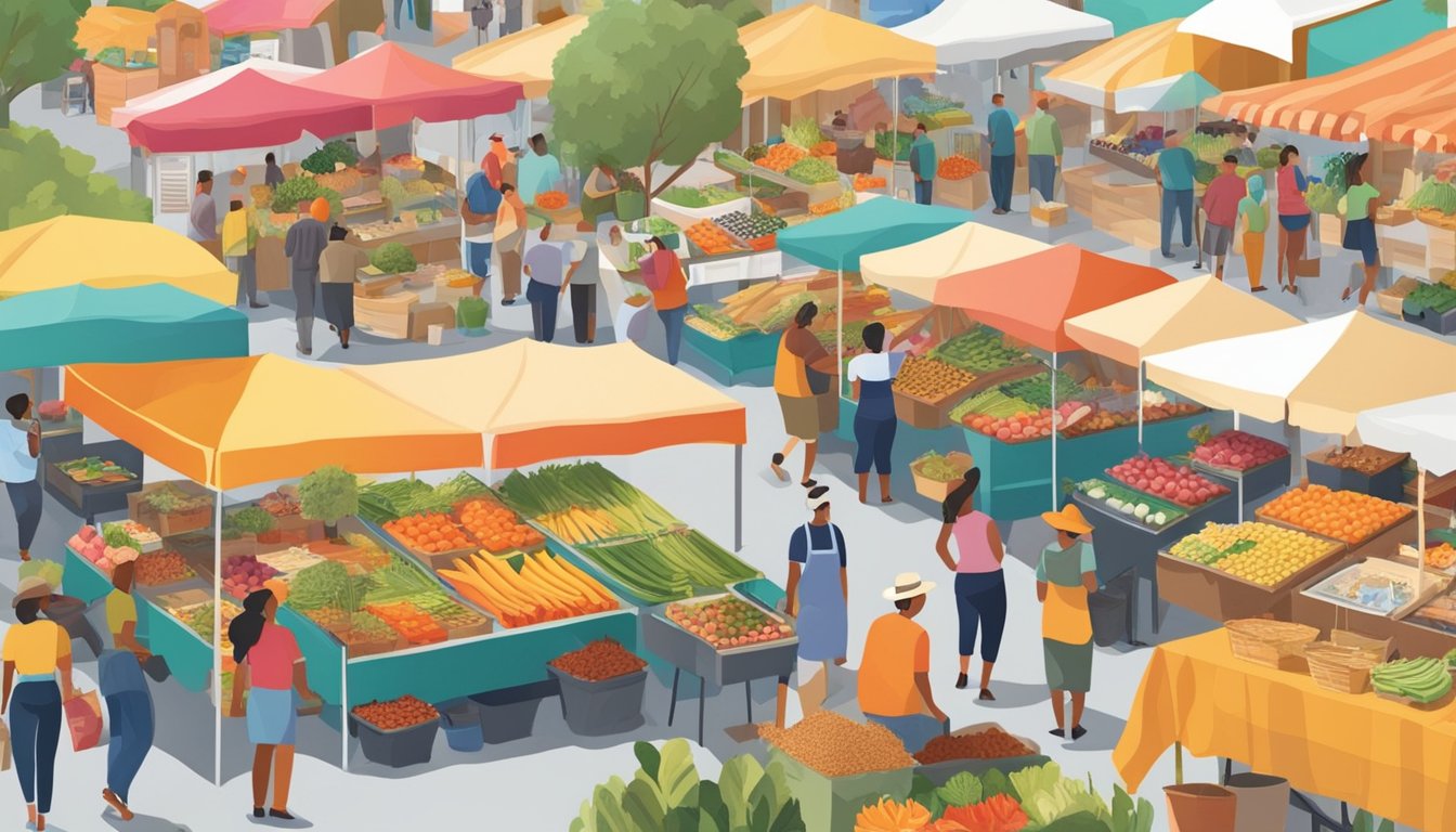 Vibrant farmers market with colorful stalls and diverse culinary offerings in California's artistic communities