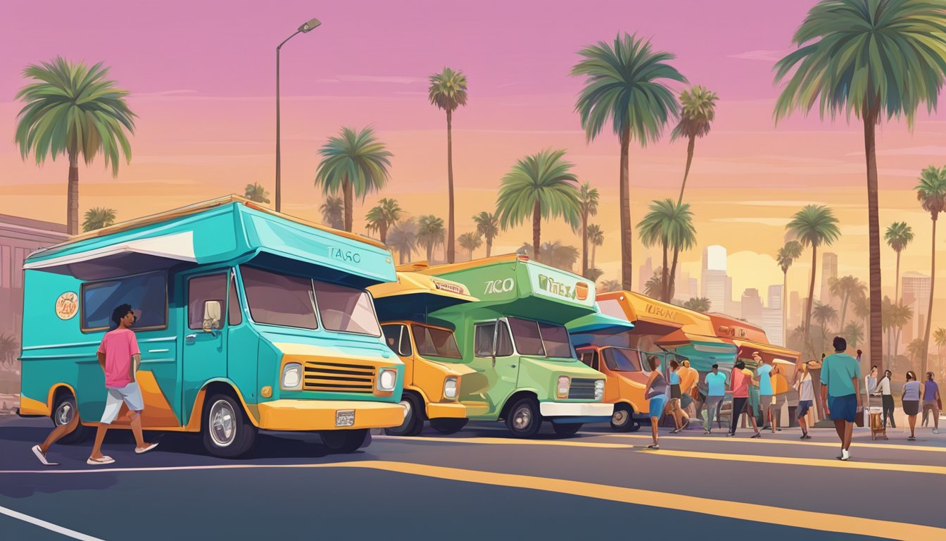 A bustling California street with colorful taco trucks, palm trees, and a backdrop of famous celebrity hotspots