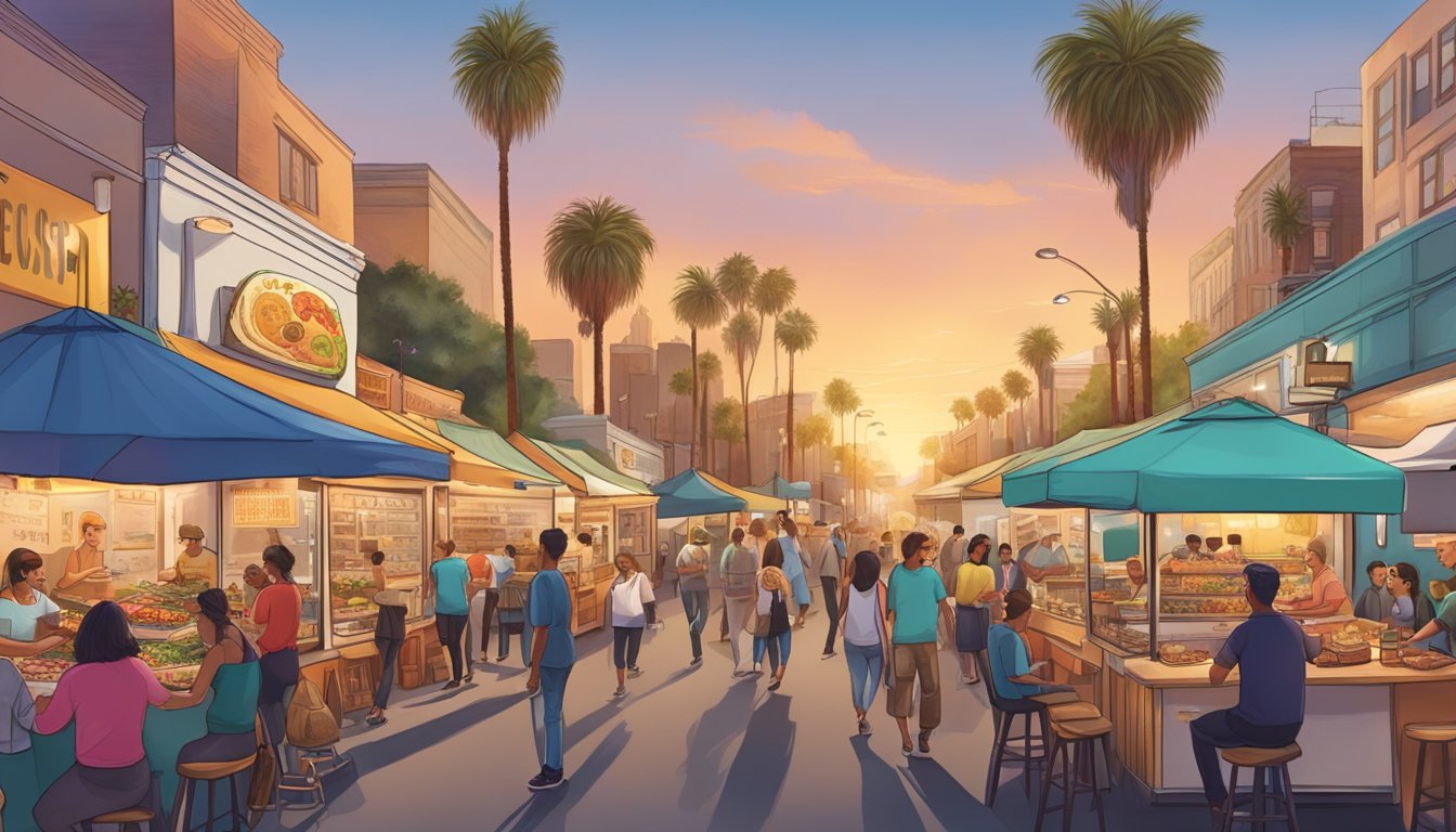 A bustling street lined with food trucks, serving up classic tacos and gourmet innovations in California's celebrity hotspots