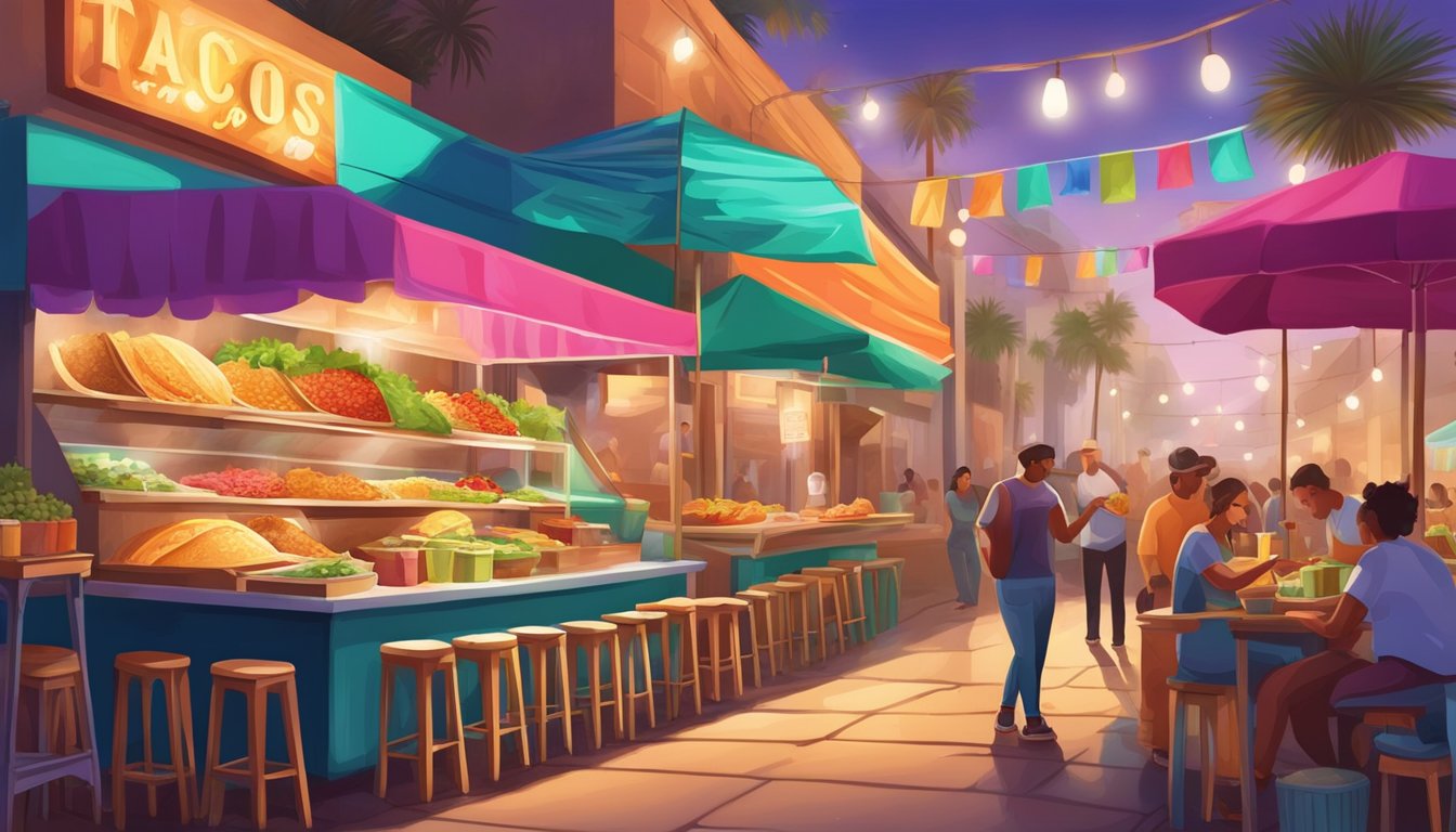 A colorful street food market with a spotlight shining on fresh, vibrant ingredients for the best tacos in California's celebrity hotspots