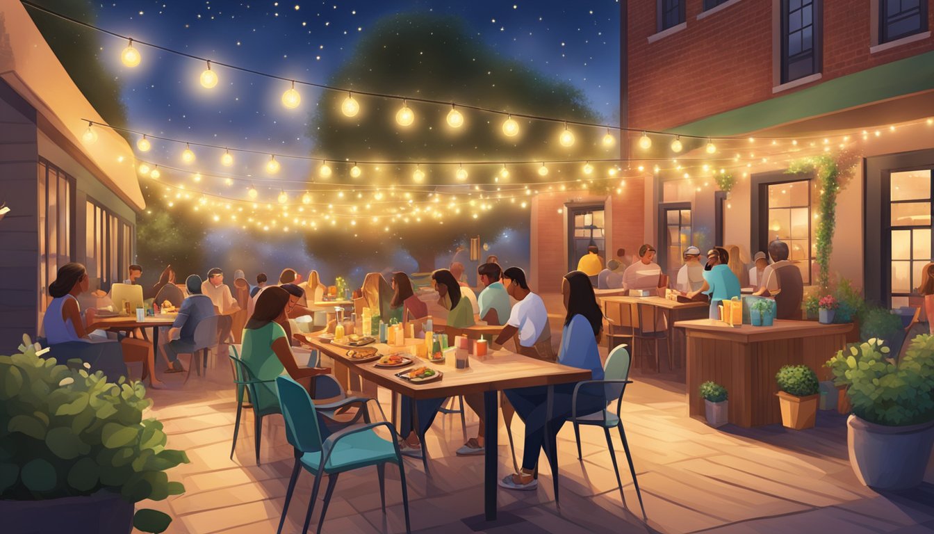 A bustling outdoor patio with trendy decor, where colorful tacos and artisanal beverages are served under twinkling string lights