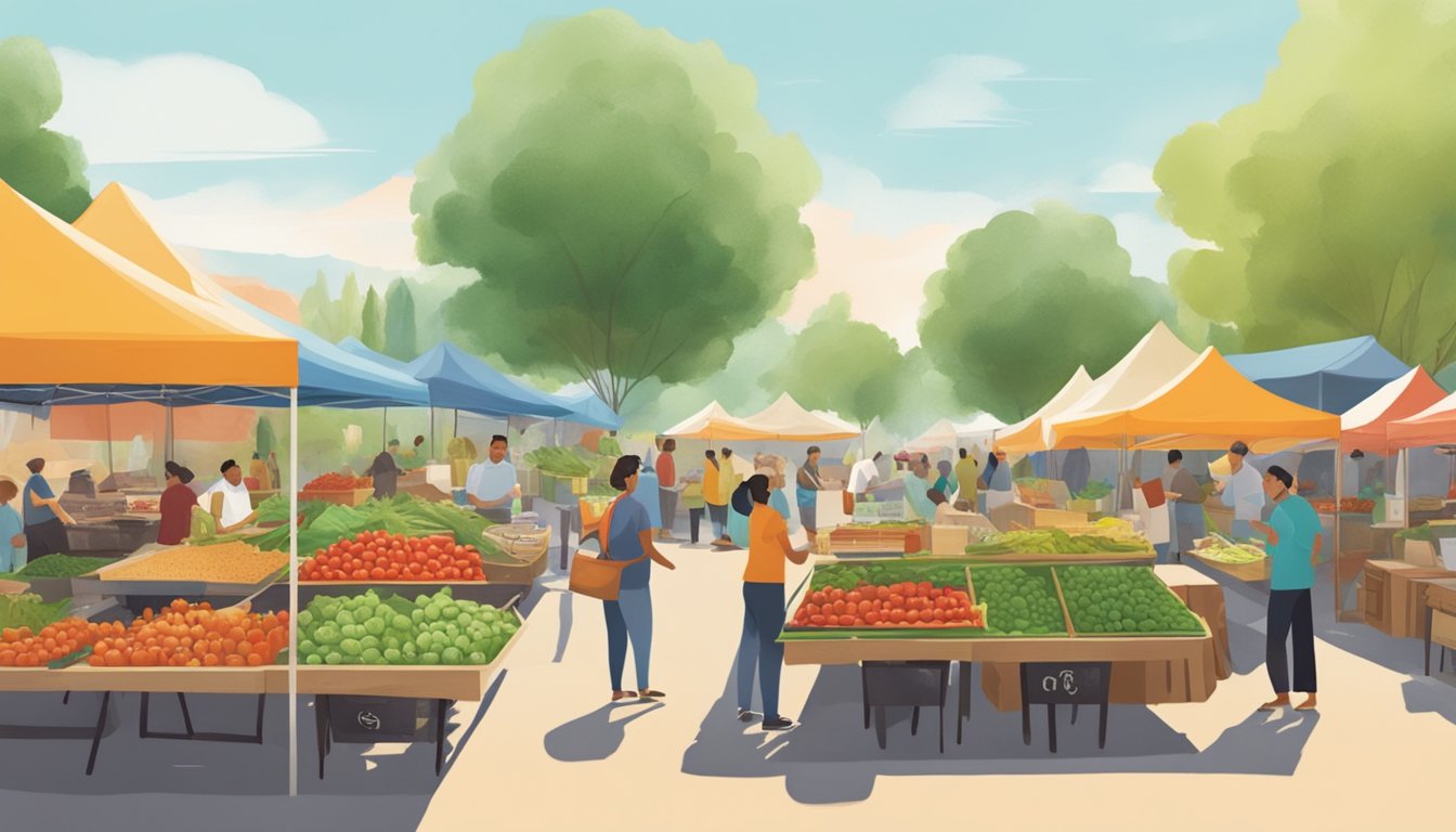 A bustling outdoor farmers market with colorful stalls, showcasing fresh, locally sourced ingredients like avocados, tomatoes, and cilantro. A chef grills sustainable meats and veggies for mouthwatering tacos