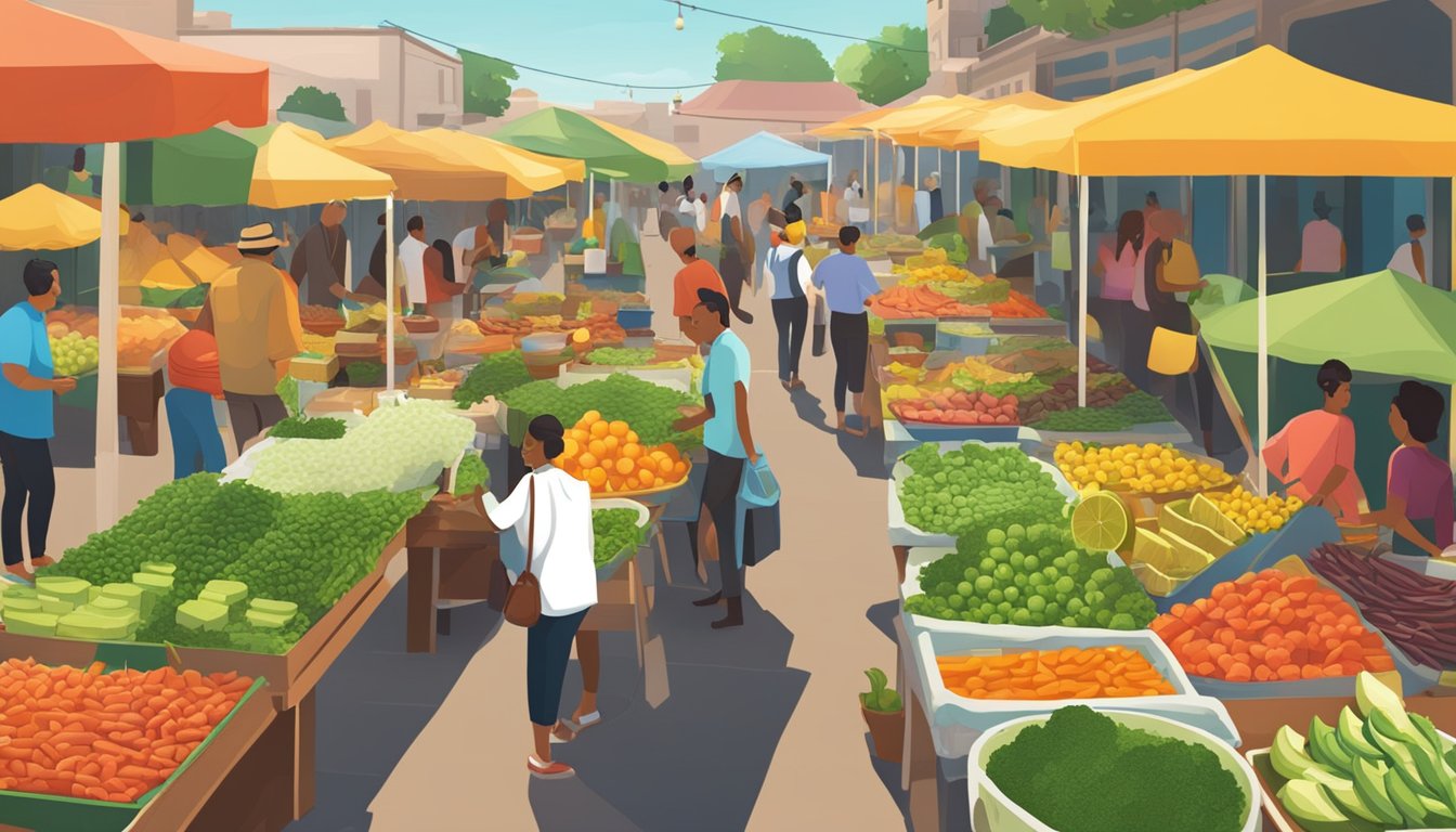 A bustling outdoor market with colorful stalls selling fresh cilantro, juicy limes, ripe avocados, and sizzling meats, creating a symphony of flavors and aromas