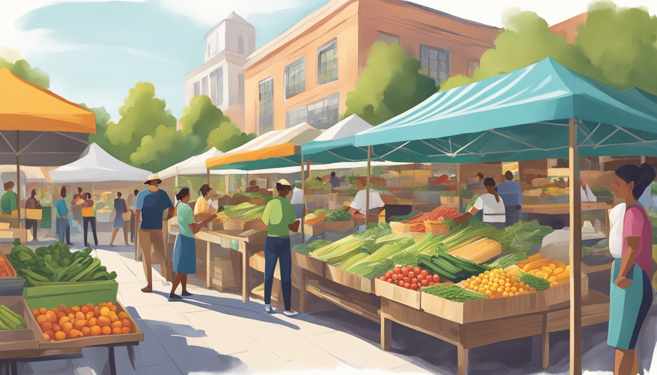 A bustling farmers market with colorful stalls selling fresh, locally-sourced ingredients. A taco stand with a sign boasting "Sustainability and Sourcing Local" draws a crowd