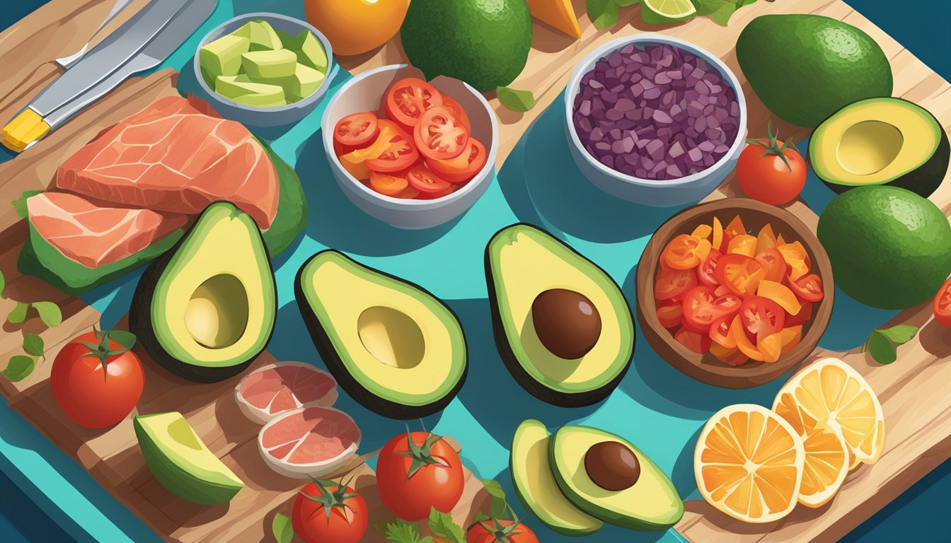 A colorful spread of fresh ingredients, including avocados, tomatoes, and lean meats, arranged on a table with a vibrant backdrop of a college campus