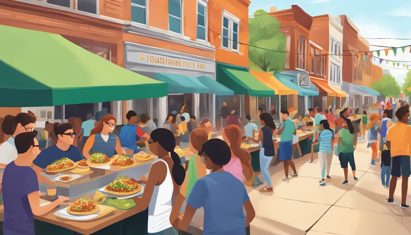 A bustling college town street fair with diverse students enjoying delicious tacos from local vendors, creating a vibrant and inclusive atmosphere