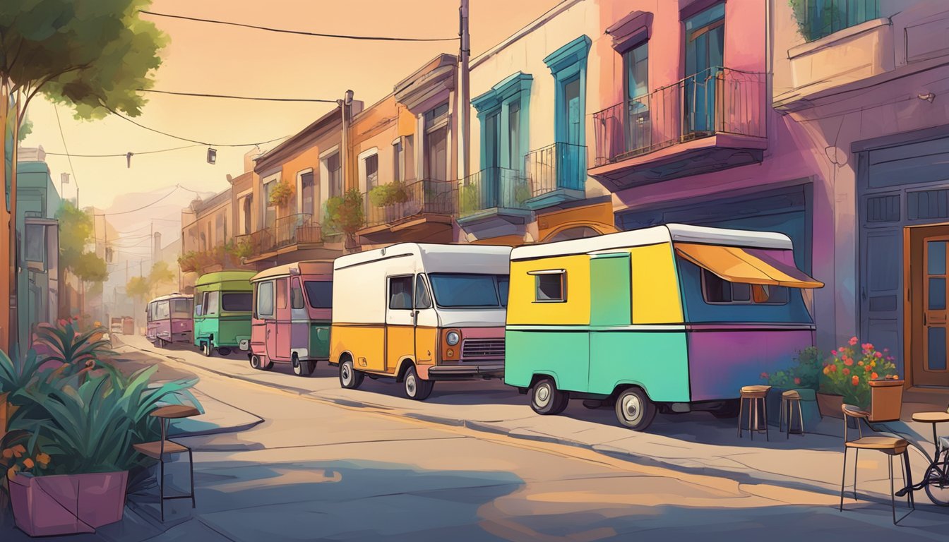 A colorful street lined with trendy taco trucks and hipster cafes, with vintage bicycles leaning against graffiti-covered walls