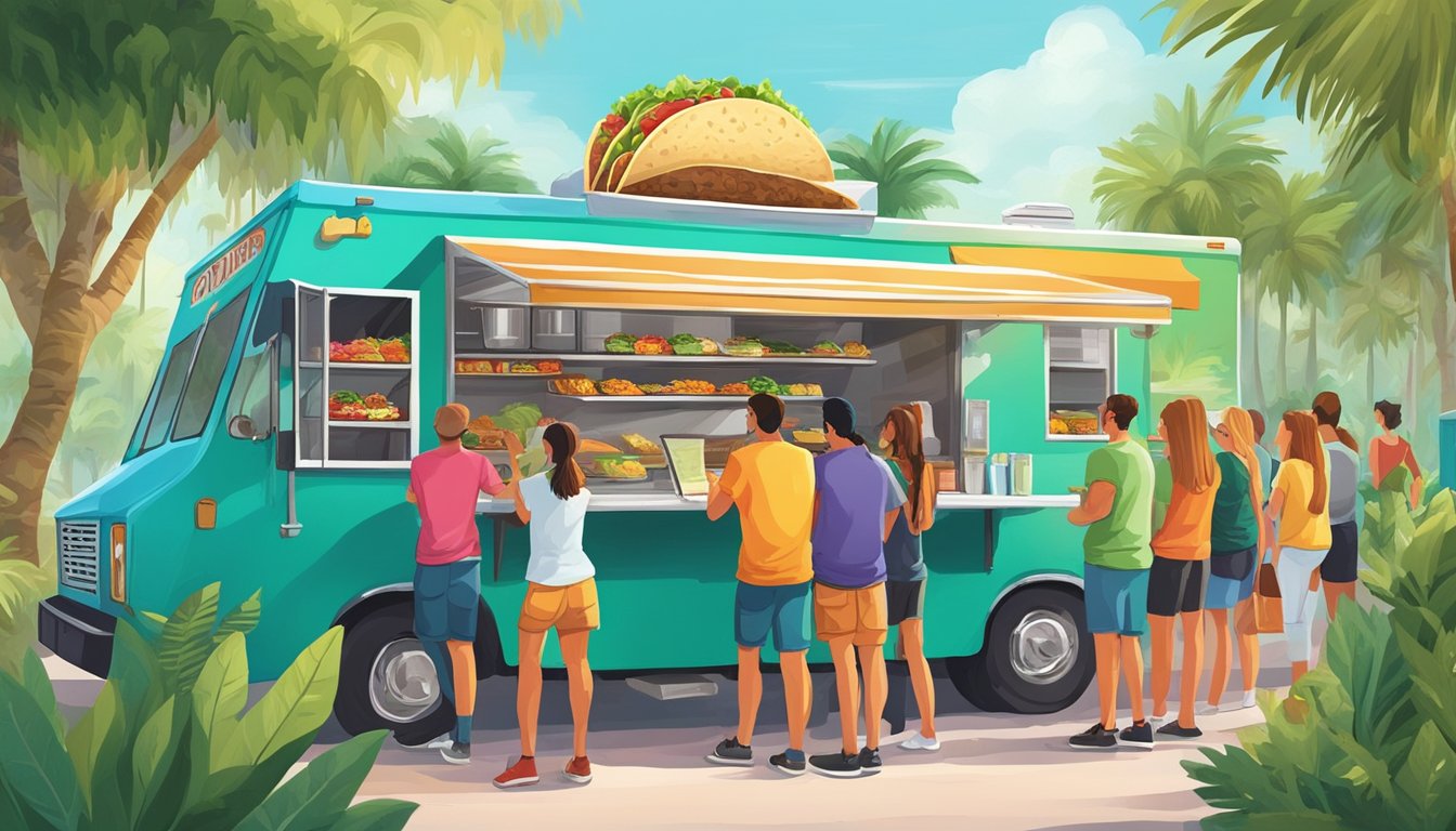 A colorful food truck surrounded by lush greenery serves up the best tacos in Florida's Everglades, with a line of hungry customers eagerly waiting their turn