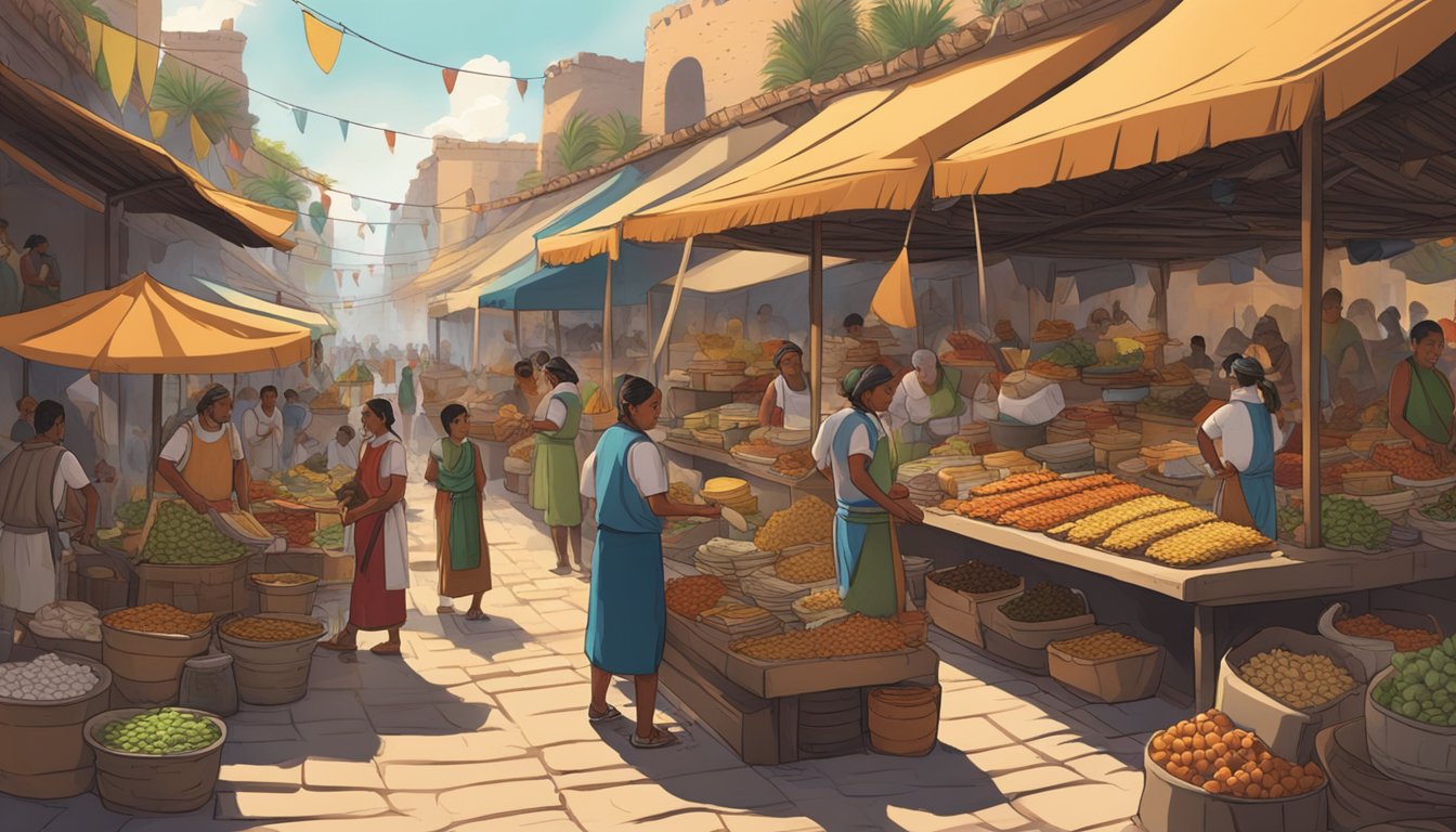 A bustling market in an ancient Aztec city, with vendors selling colorful and aromatic tacos filled with traditional ingredients