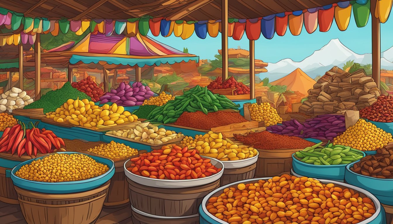 A colorful market stall overflowing with vibrant ingredients like chili peppers, cacao, and corn, evoking the rich flavors of Aztec cuisine