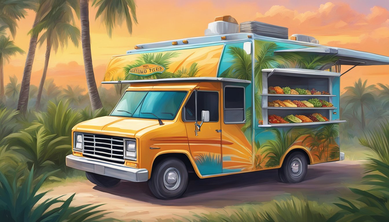 A colorful food truck serves up delicious tacos amidst the lush greenery of the Florida Everglades. Palm trees sway in the background as the aroma of sizzling meat and spices fills the air