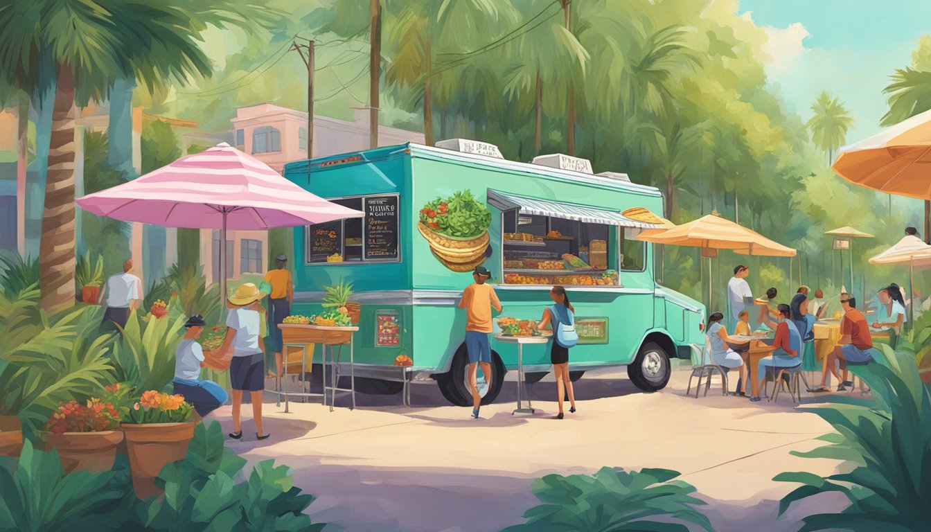 A colorful food truck surrounded by lush greenery, with a sign reading "Signature Tacos of the Everglades" and a line of customers eagerly waiting