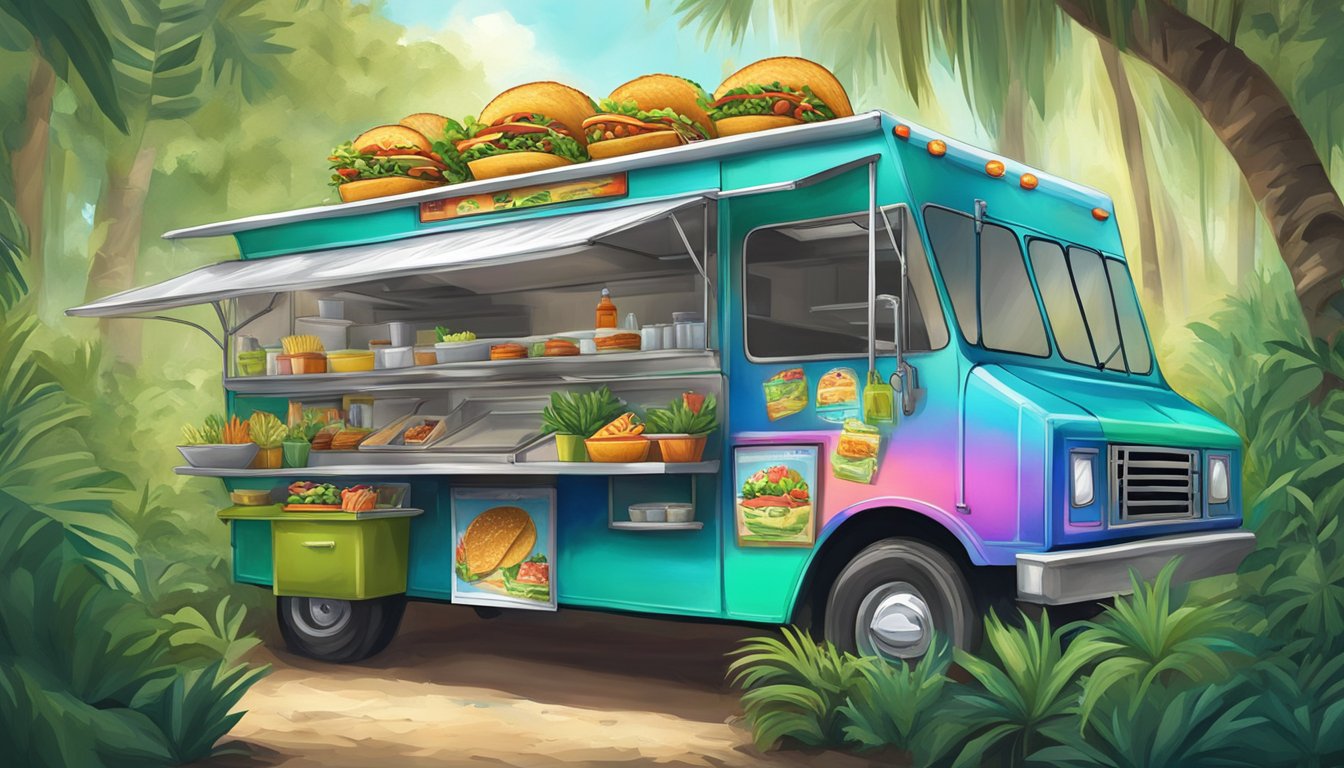 A colorful food truck surrounded by lush greenery in the Florida Everglades, serving up mouthwatering tacos to a line of hungry customers