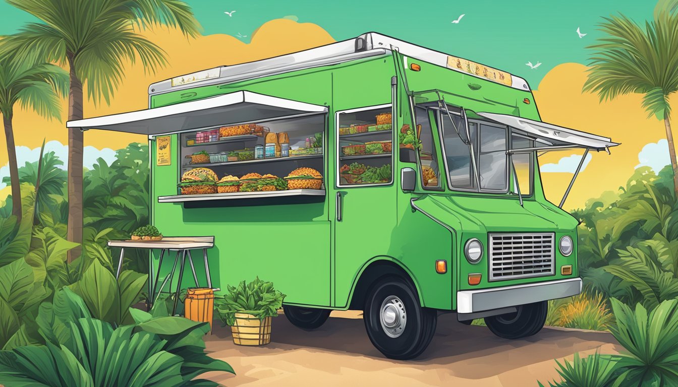 Lush greenery surrounds a food truck serving vibrant, event-themed tacos in the heart of Florida's Everglades