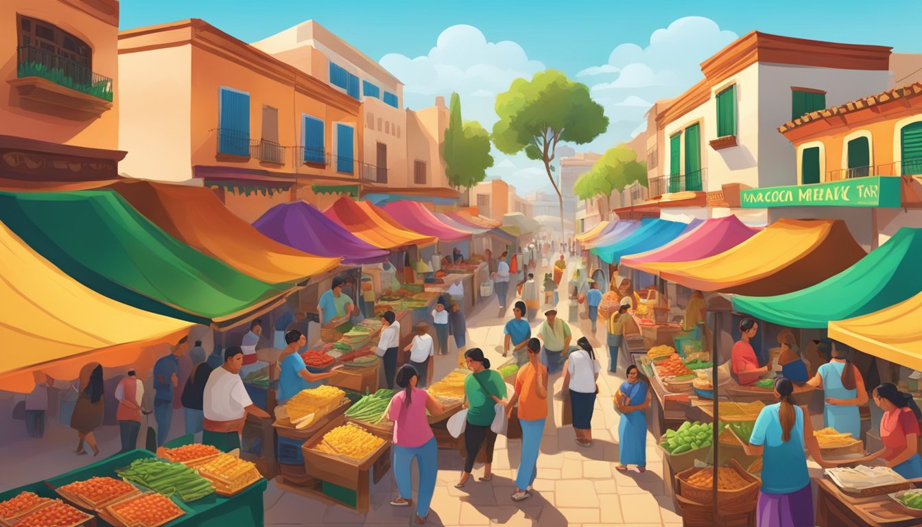 A bustling street market with colorful taco vendors surrounded by vibrant traditional Mexican architecture