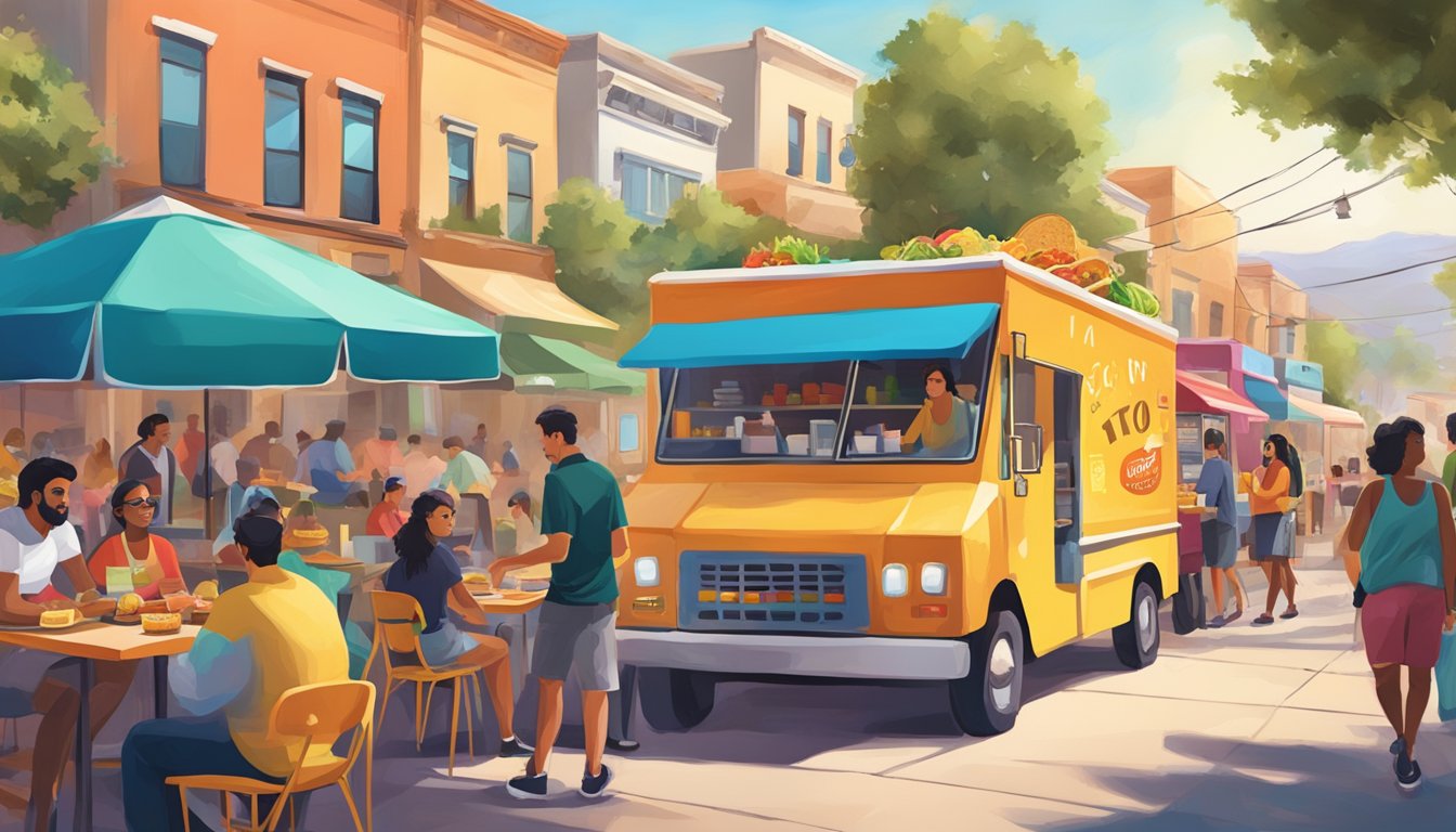 A bustling street lined with colorful food trucks and trendy outdoor seating, with patrons enjoying delicious tacos in a vibrant California neighborhood