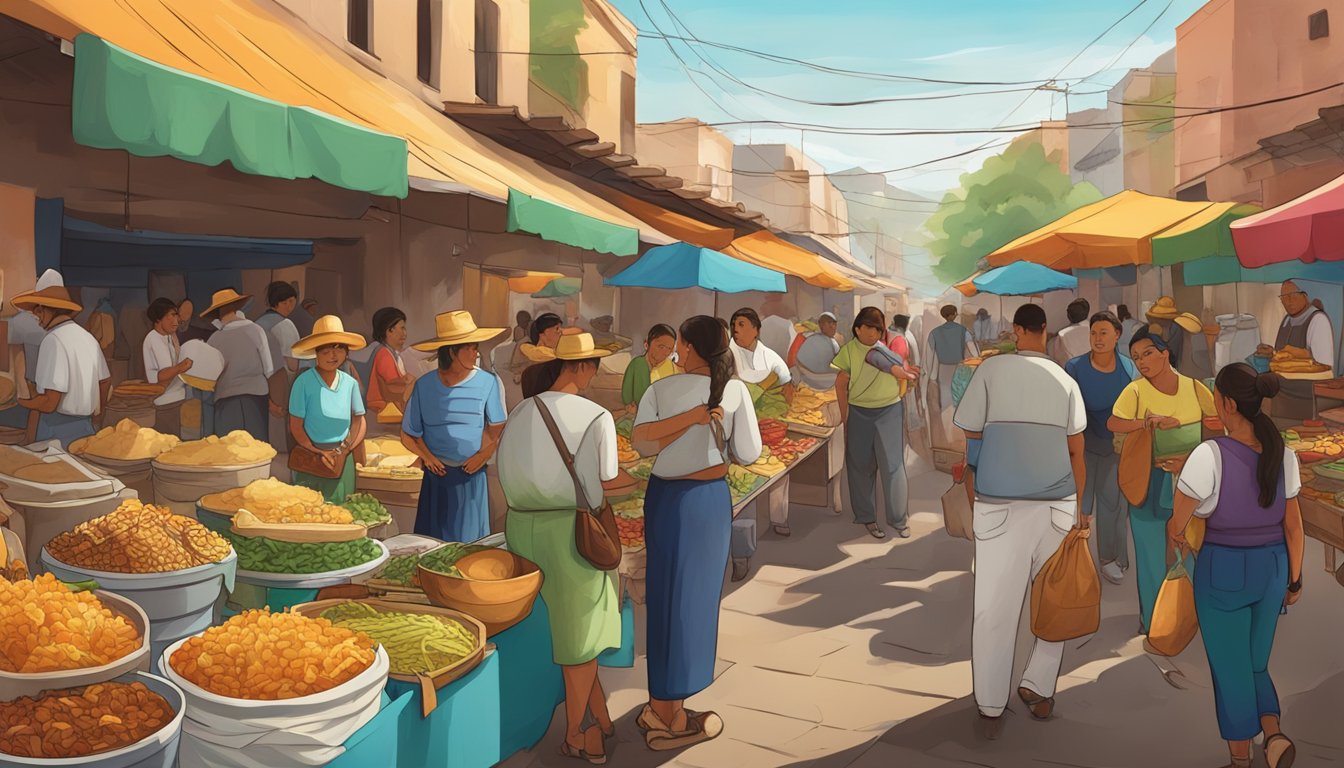 A bustling street market in Mexico's Aztec heartland, with vendors selling traditional tacos and locals enjoying the delicious food