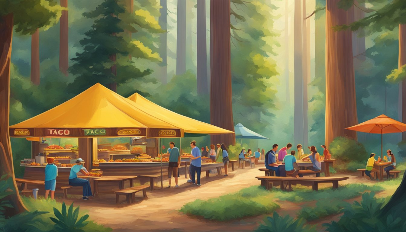 A winding trail through a lush forest leads to a hidden taco stand nestled among towering redwood trees. A colorful array of tacos sizzle on the grill as customers relax at picnic tables