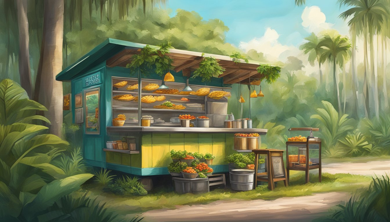 A small taco stand nestled among the lush greenery of the Florida Everglades, with a vendor skillfully preparing delicious tacos for eager customers