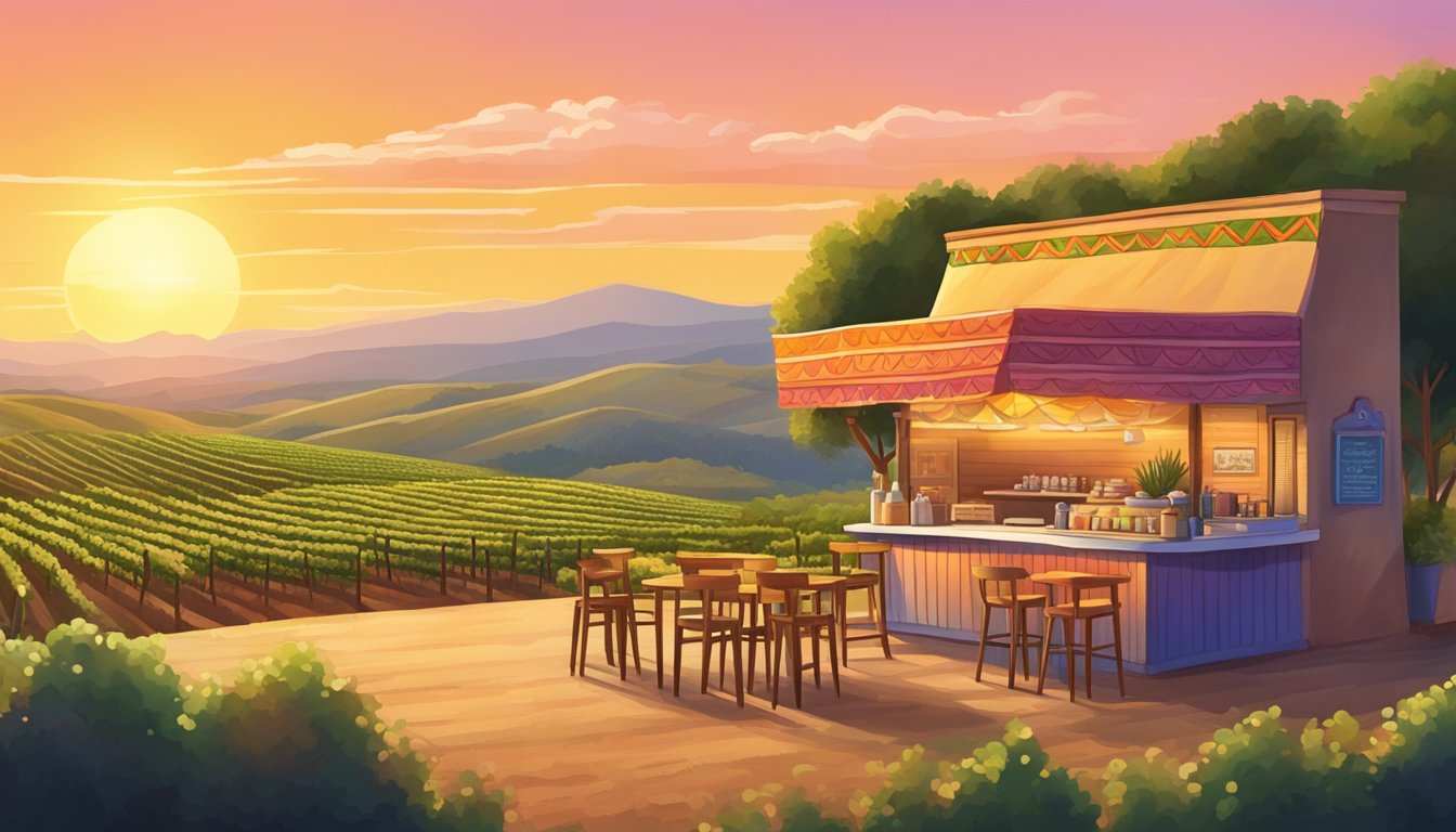 A colorful taco stand nestled among rolling hills and vineyards, with a warm sun setting behind it