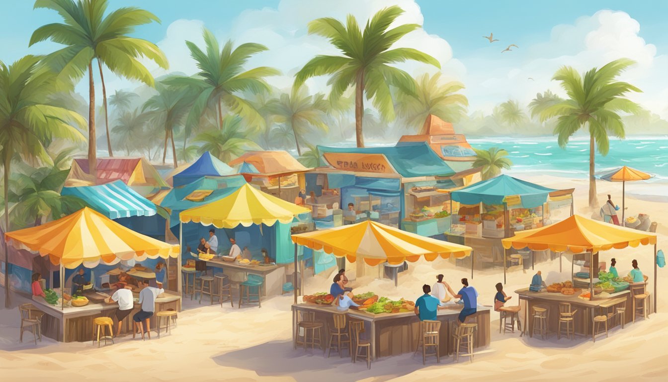 A beachfront scene with colorful food stalls serving various types of tacos, surrounded by palm trees and the sound of crashing waves