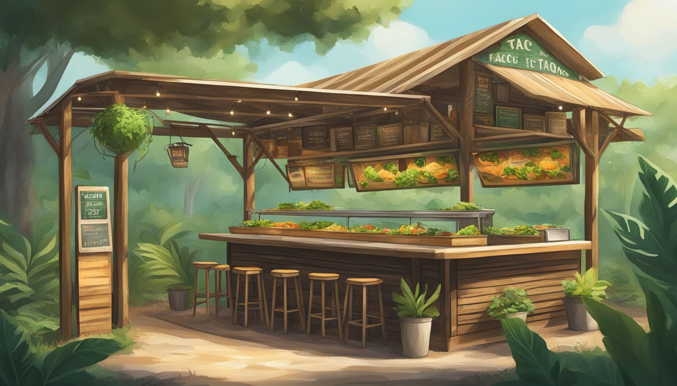 A rustic taco stand nestled among the lush greenery of the Everglades, with solar panels and compost bins, serving up delicious, sustainable tacos