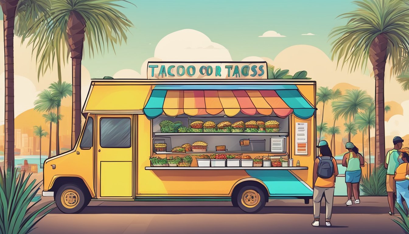 A colorful food truck surrounded by palm trees, with a line of customers eagerly waiting for their delicious tacos