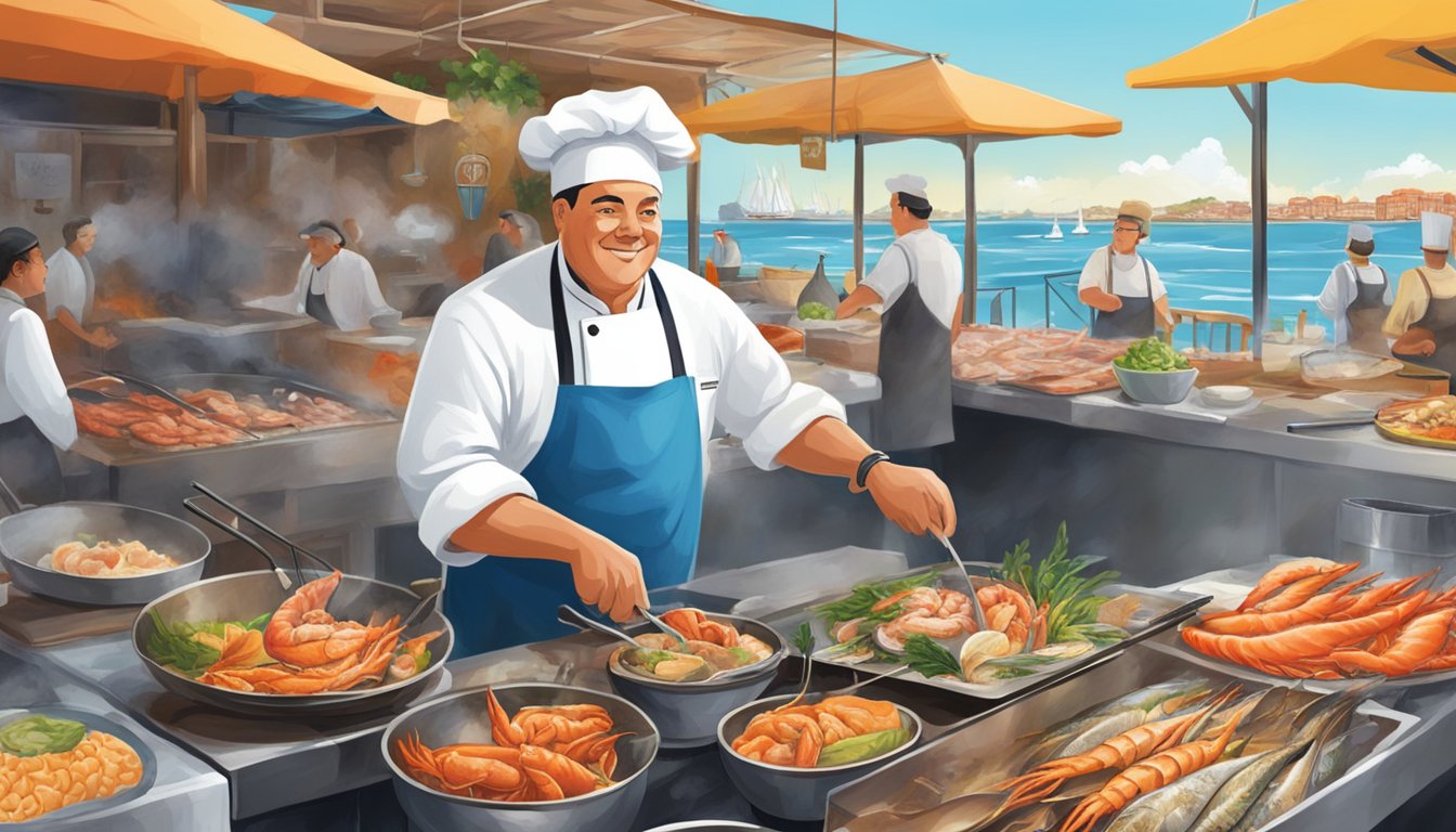 A chef expertly grills fresh seafood and simmers flavorful sauces in a bustling coastal town, surrounded by vibrant market stalls and the sound of crashing waves