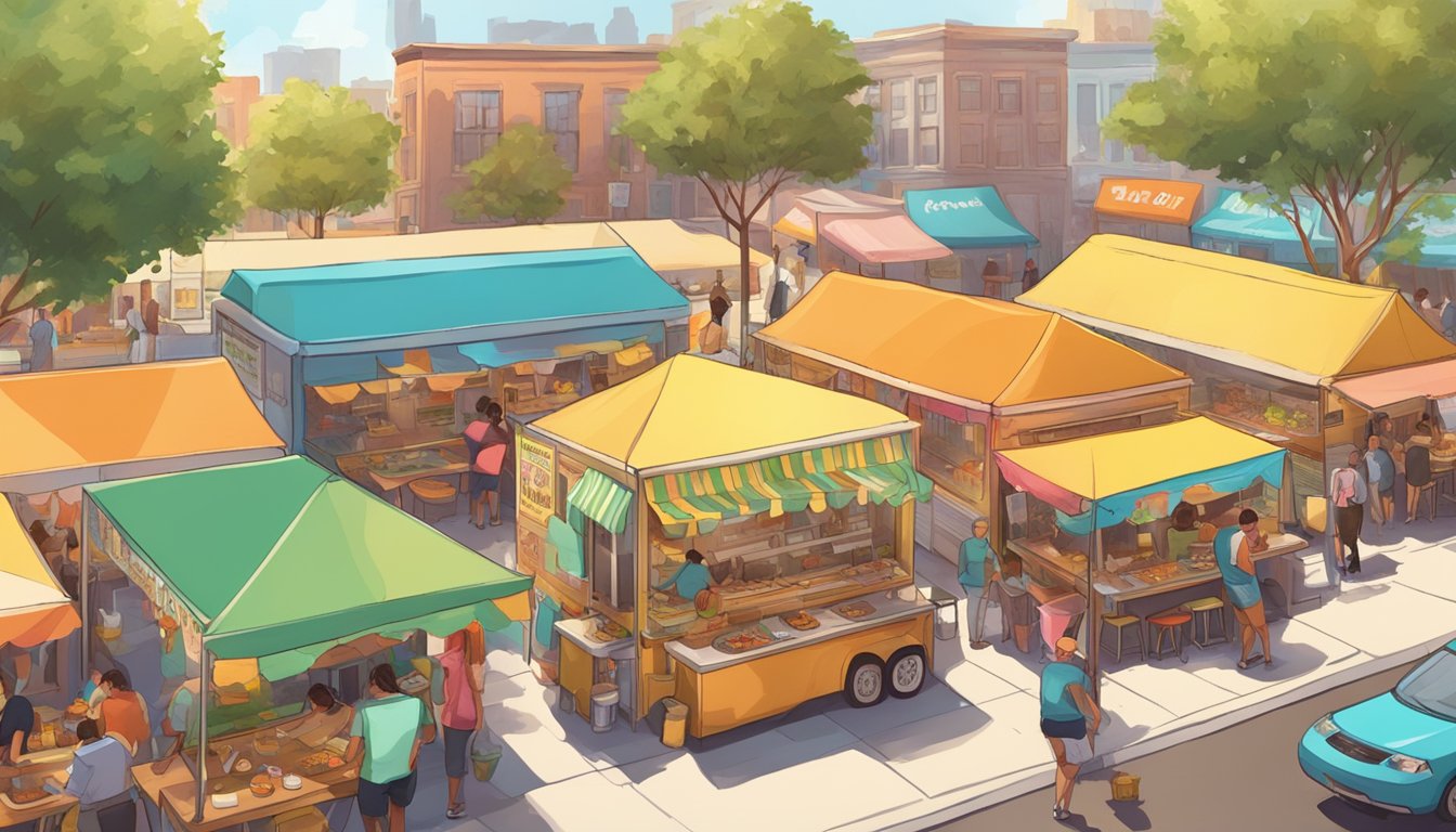 A sunlit street lined with colorful food trucks serving up a variety of mouth-watering tacos. Customers gather around picnic tables, savoring every bite