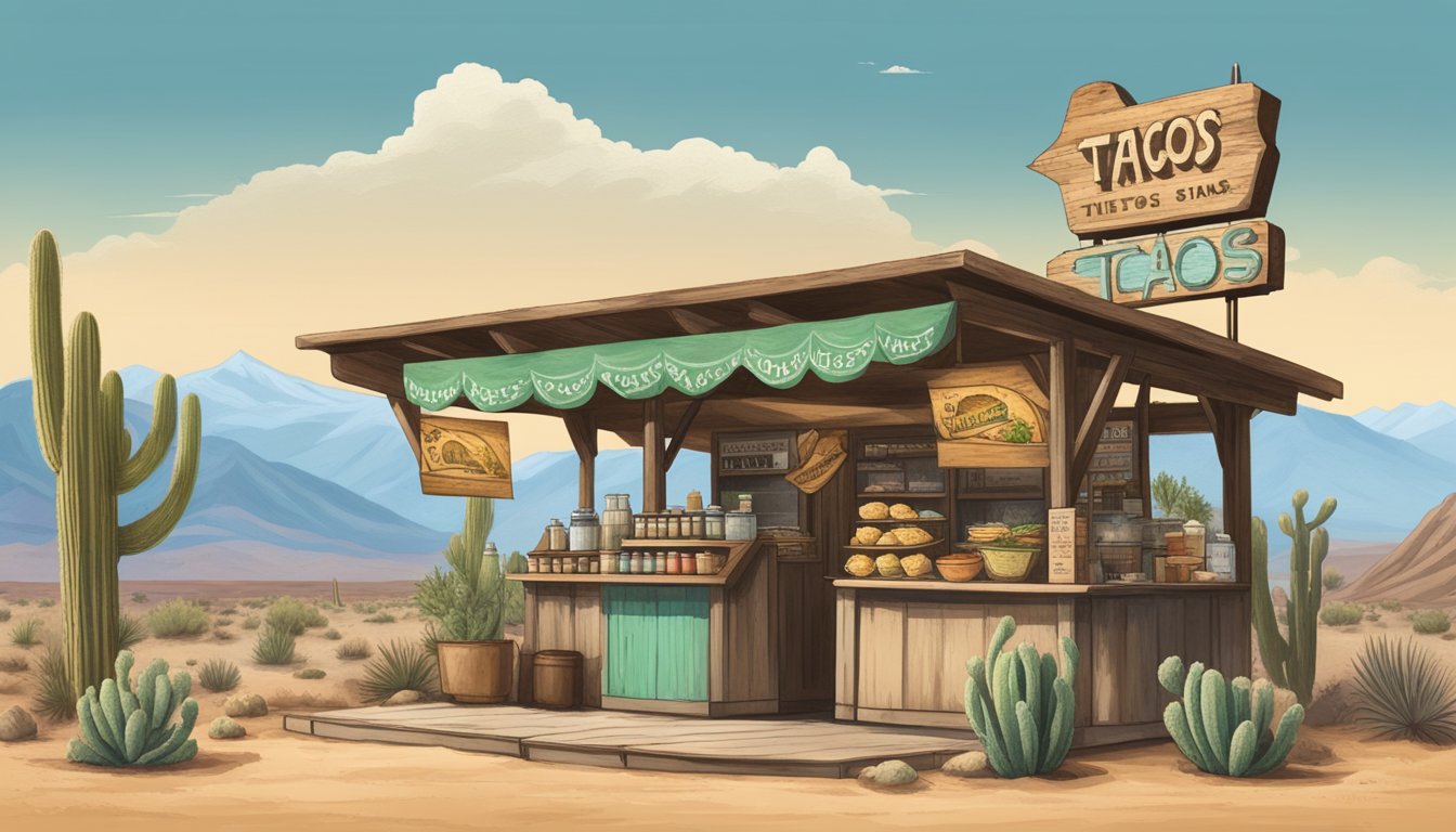 A rustic taco stand nestled in a remote California desert, surrounded by cacti and mountains, with a weathered sign proclaiming "Authentic Tacos."