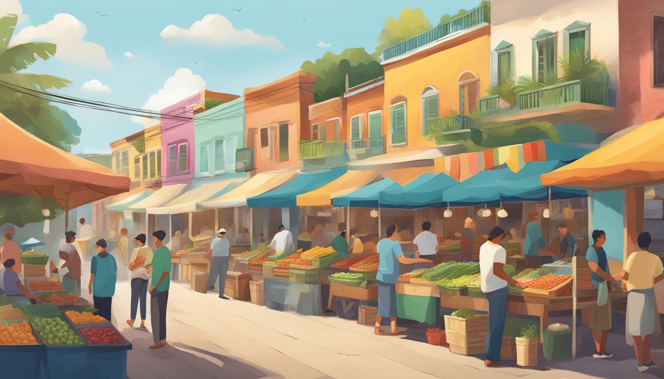 A bustling coastal town market with colorful stalls selling fresh, locally-sourced ingredients for sustainable tacos