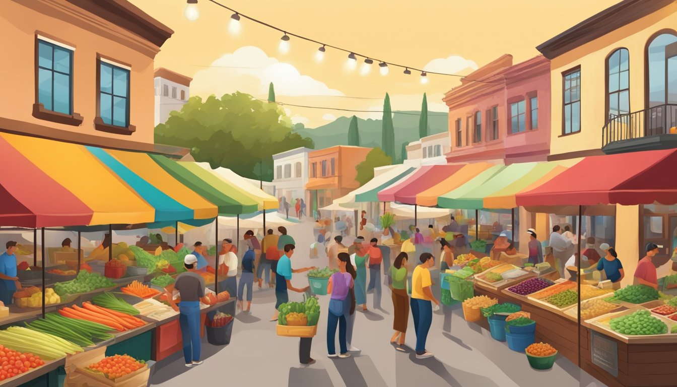 A bustling farmers market with vendors selling fresh, colorful produce alongside a traditional taqueria serving up sizzling tacos in a quaint California town