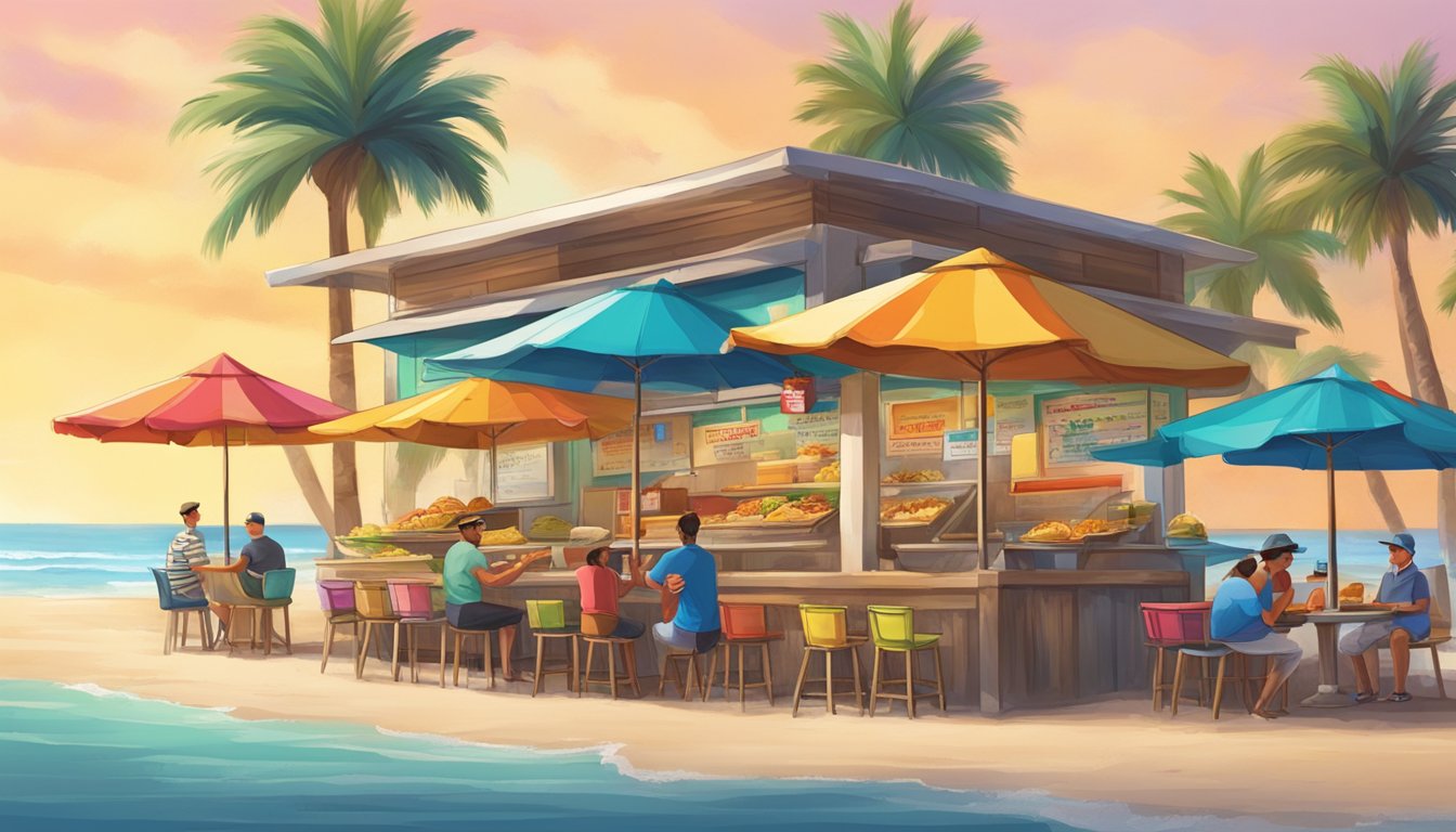 A beachside taco stand with colorful umbrellas, palm trees, and happy customers enjoying their delicious tacos by the ocean