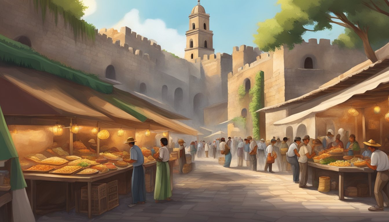 A bustling marketplace within the ancient stone walls of a Mexican colonial fortress, with vendors selling the best tacos to locals and tourists alike