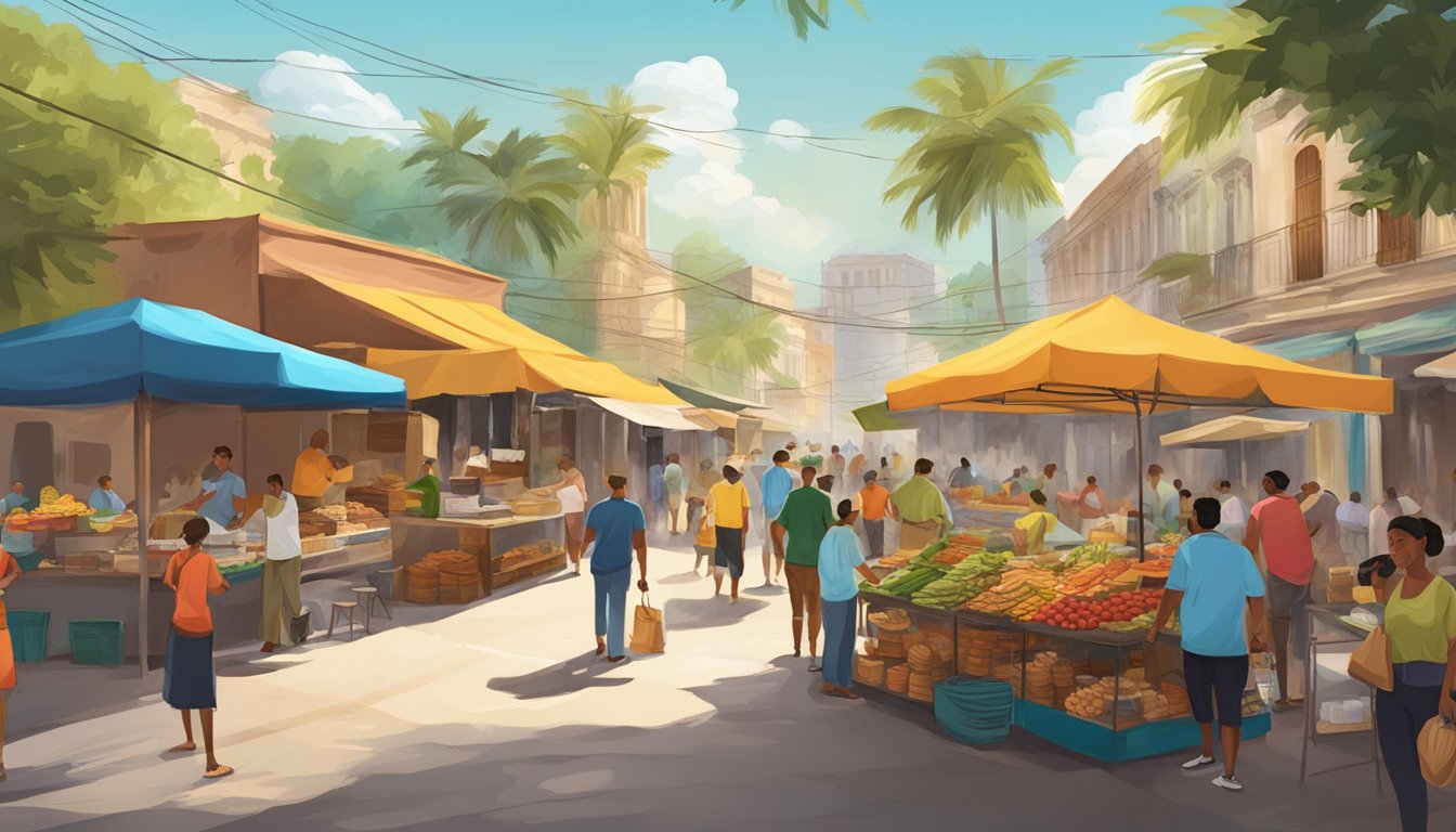 A bustling street market in a historic Cuban district, with colorful food stalls serving up a fusion of traditional Cuban flavors and modern taco creations