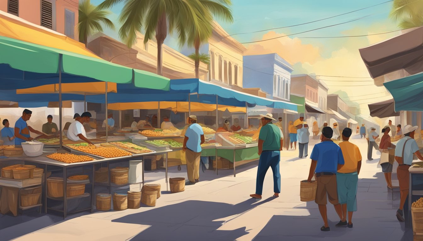 A bustling Cuban market with vendors expertly preparing and serving traditional tacos in the historic district of Florida