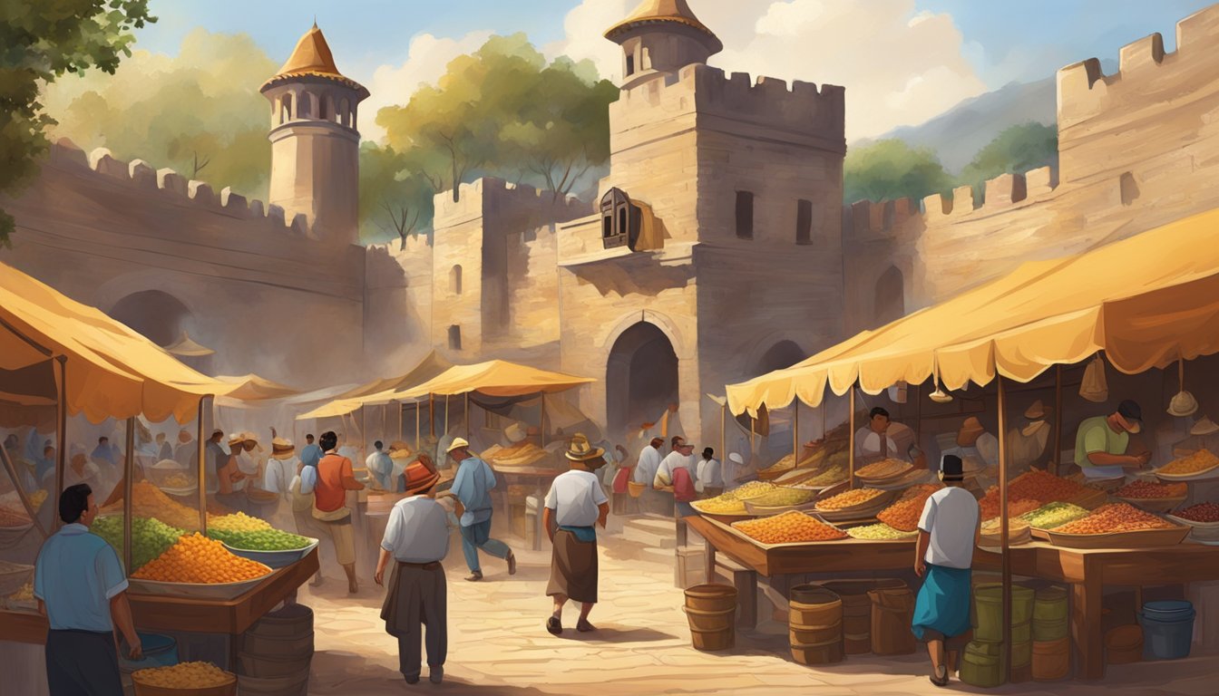 A bustling marketplace within a colonial fortress, with vendors selling a variety of vibrant and flavorful tacos. The scent of sizzling meat and spices fills the air