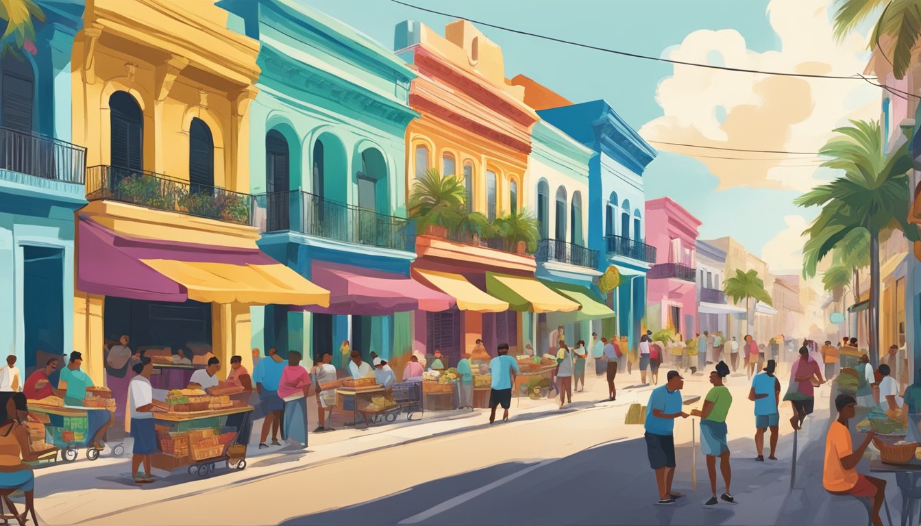 A bustling street in Florida's historic Cuban district, lined with colorful buildings and bustling with people enjoying delicious tacos from various street vendors