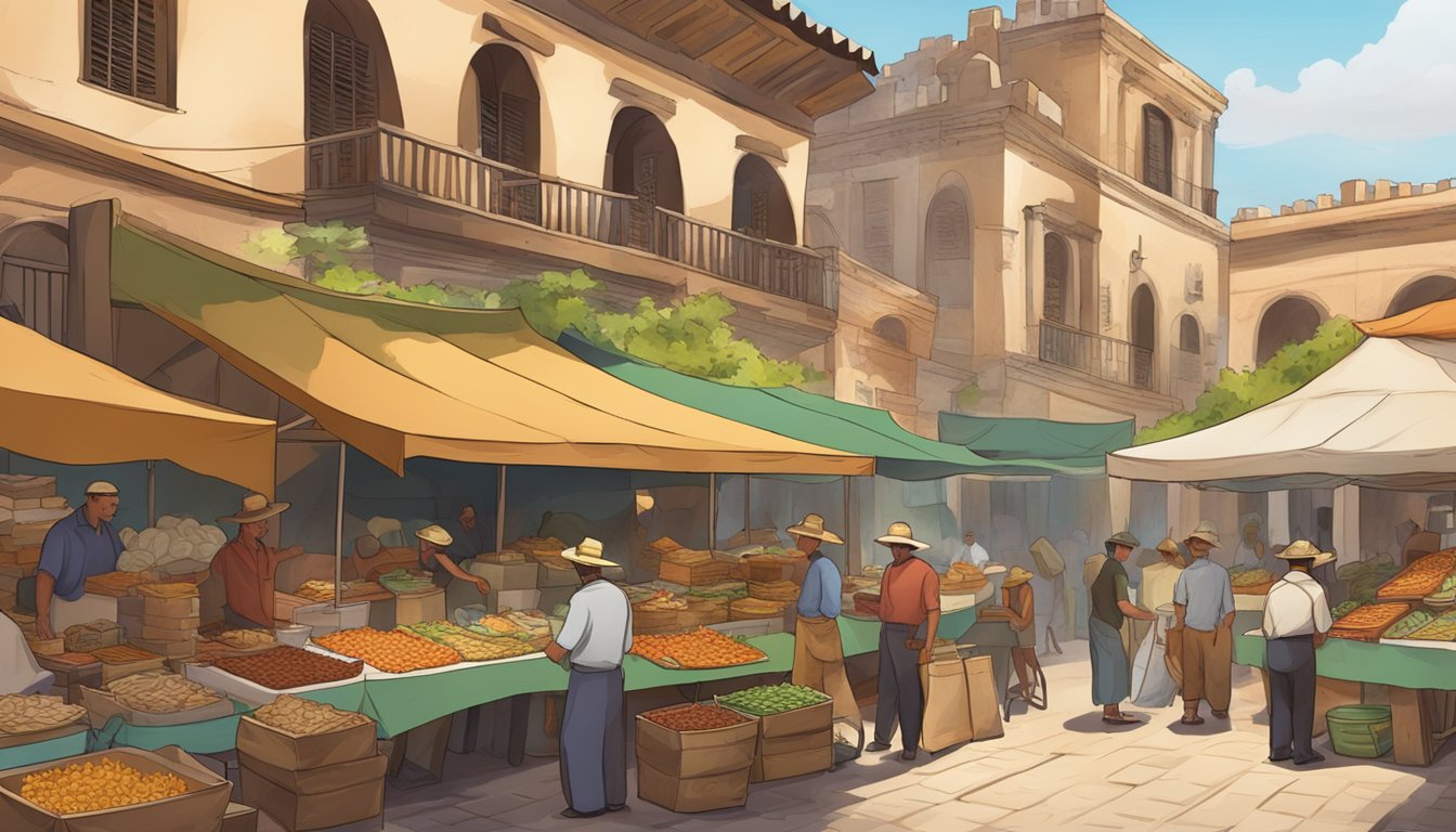 A bustling market in a colonial fortress, with vendors selling a variety of regional tacos amidst the historic architecture