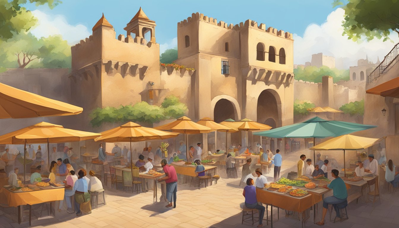 A bustling colonial plaza with colorful taco stands nestled within ancient fortress walls