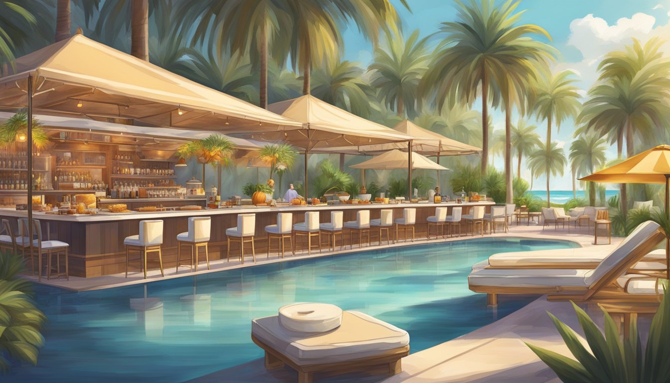 A lavish taco bar surrounded by palm trees and elegant poolside lounges at a luxurious Florida resort