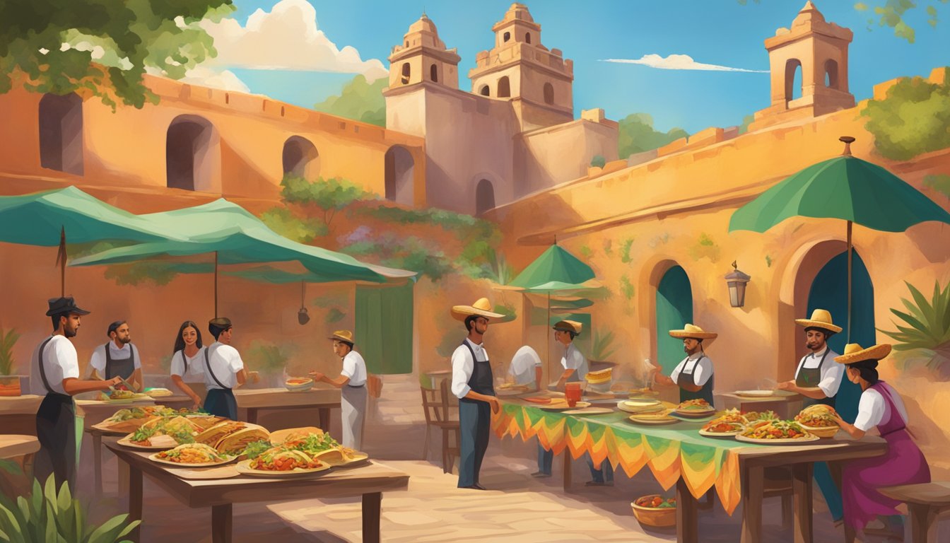 Tacos being served in a historic Mexican fortress, with colorful architecture and traditional decorations in the background