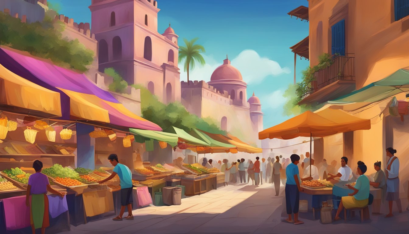 Colorful street tacos being sold in the shadow of ancient colonial fortresses, with vibrant markets and bustling crowds