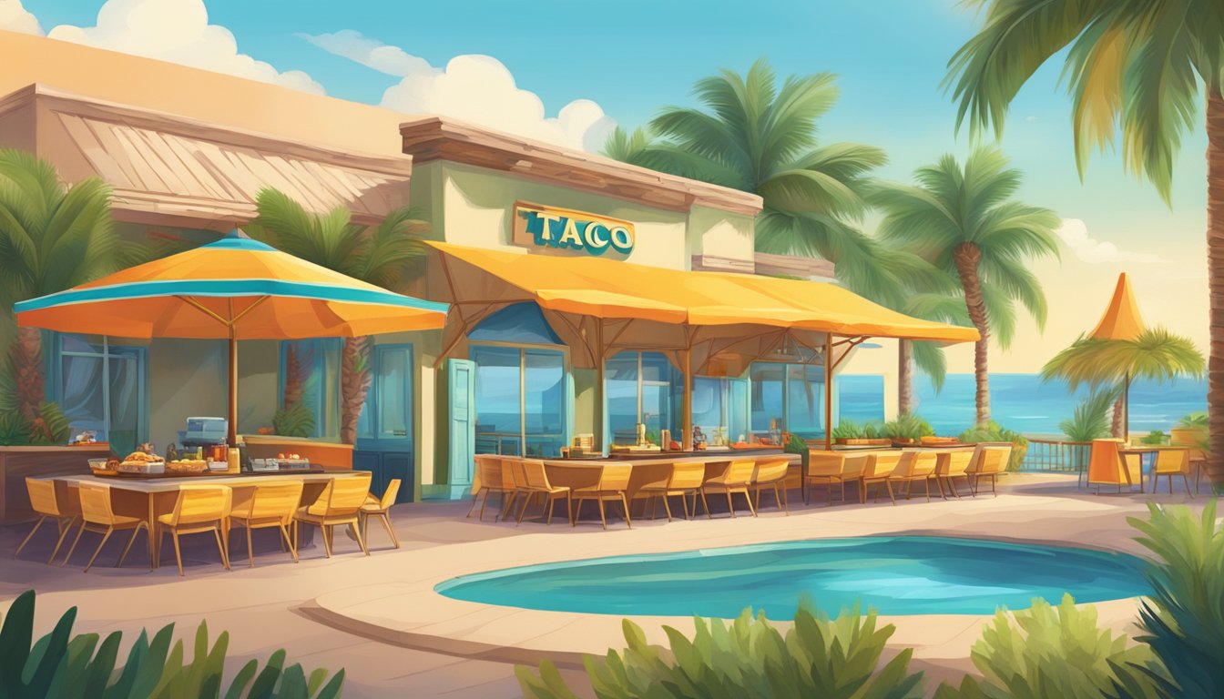 A vibrant outdoor scene with palm trees and a poolside setting, featuring a luxurious resort with a taco stand serving up delicious gourmet tacos