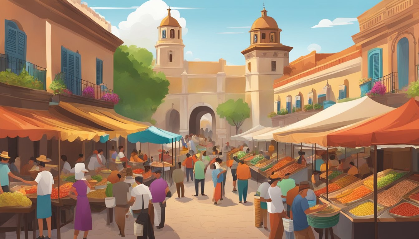 A bustling marketplace in a historic colonial fortress, with vendors selling vibrant salsa and mouthwatering taco toppings