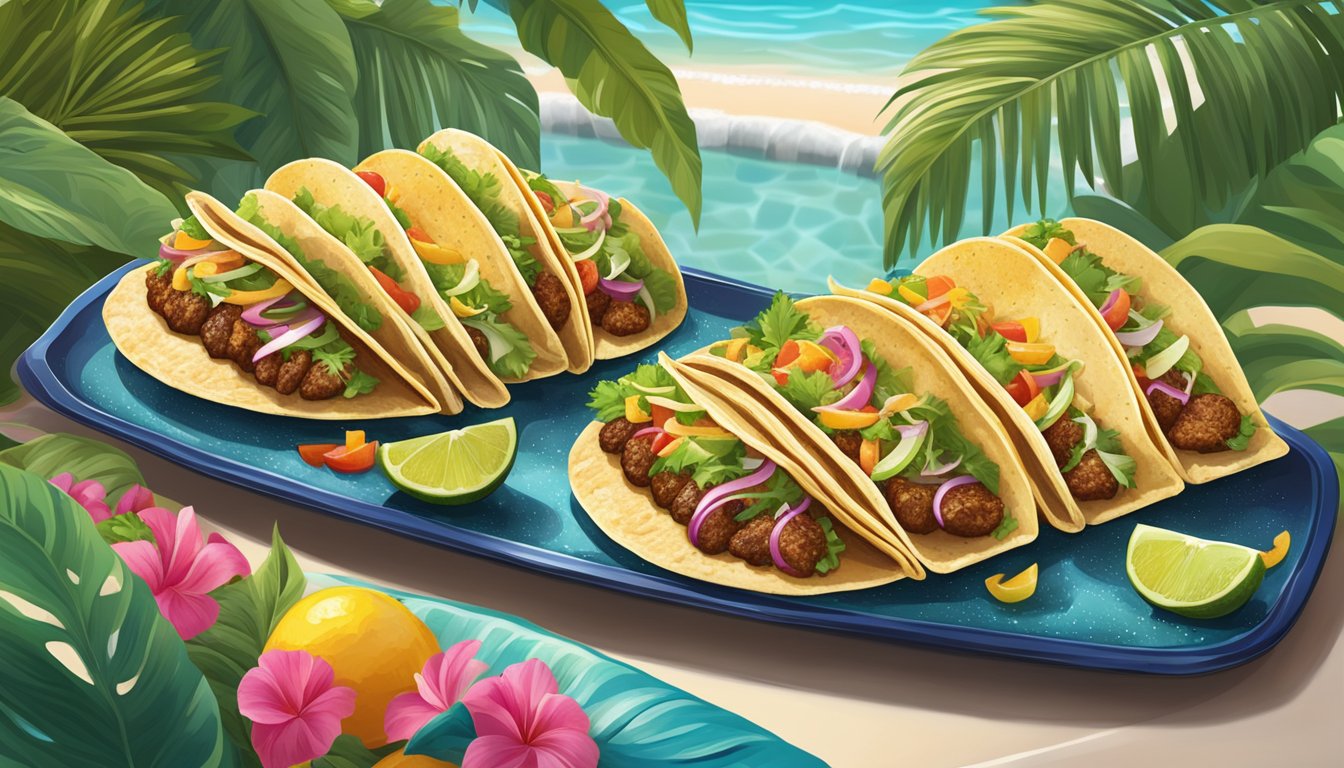 A colorful display of gourmet tacos on a sleek serving platter, surrounded by lush tropical foliage and overlooking a sparkling pool at a luxurious Florida resort