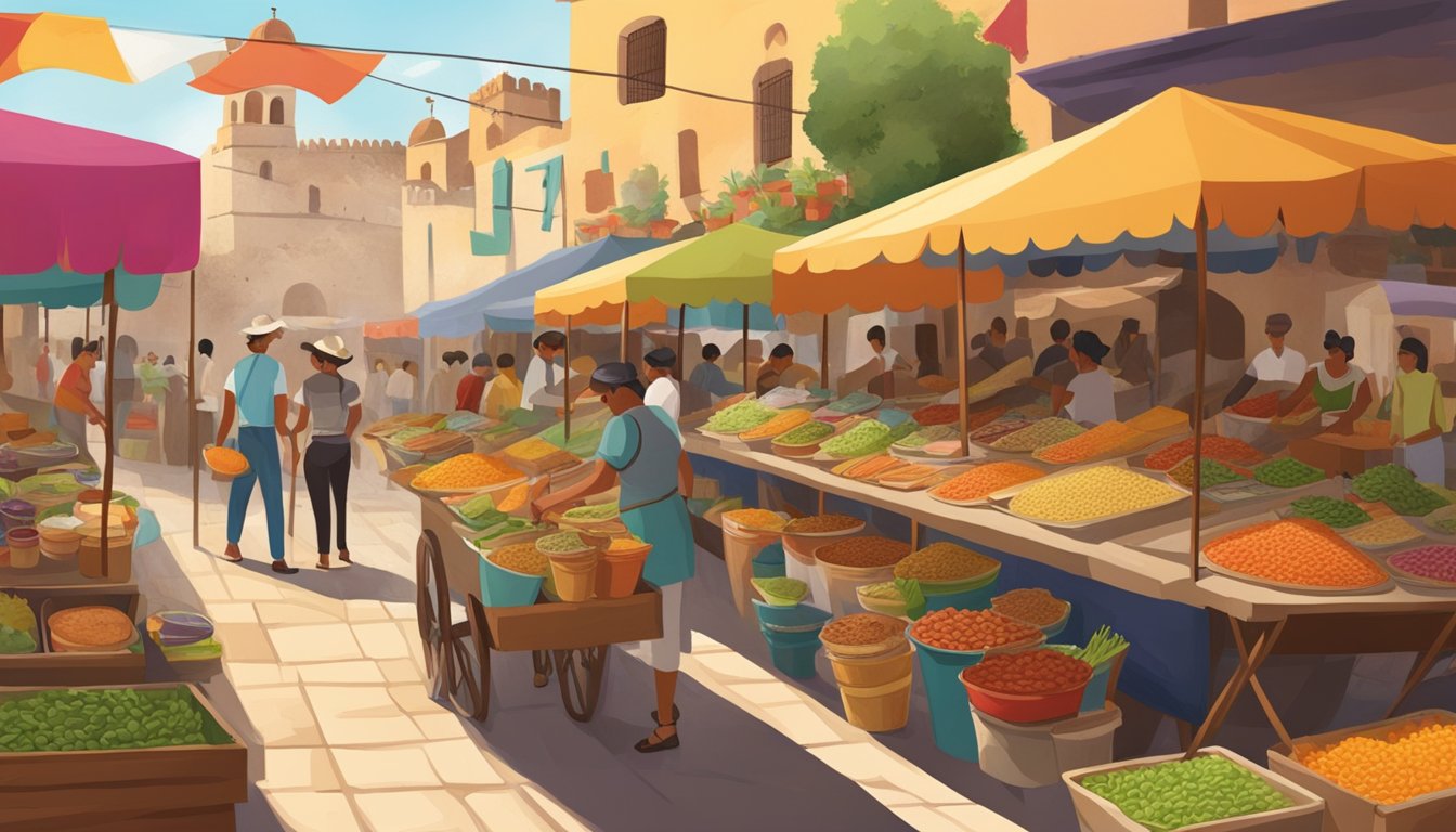 A bustling market in a Mexican colonial fortress, with colorful taco stands offering a variety of vegetarian and vegan options