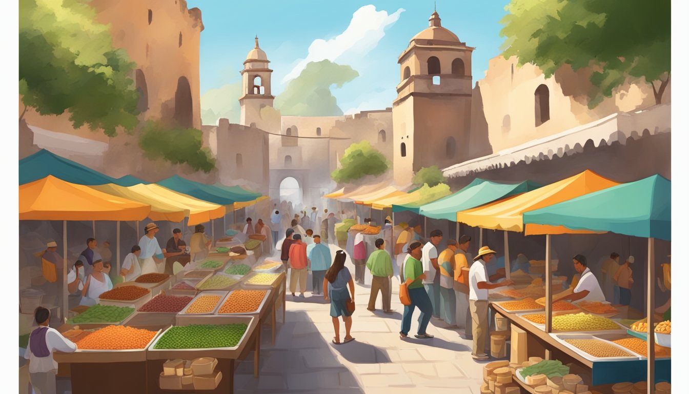 A bustling street market within the ancient walls of a Mexican colonial fortress, with colorful taco stands and locals enjoying their favorite street food