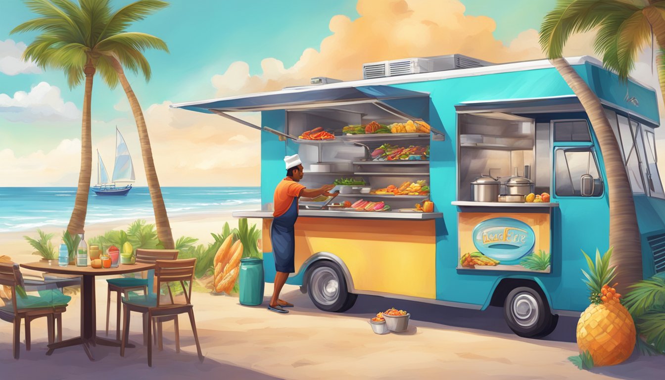 A vibrant beachfront setting with palm trees, a colorful food truck, and a chef grilling fresh seafood and exotic fruits for upscale resort guests