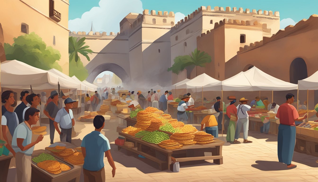 A bustling marketplace in a Mexican colonial fortress, with vendors selling delicious tacos and people using mobile apps to find the best ones